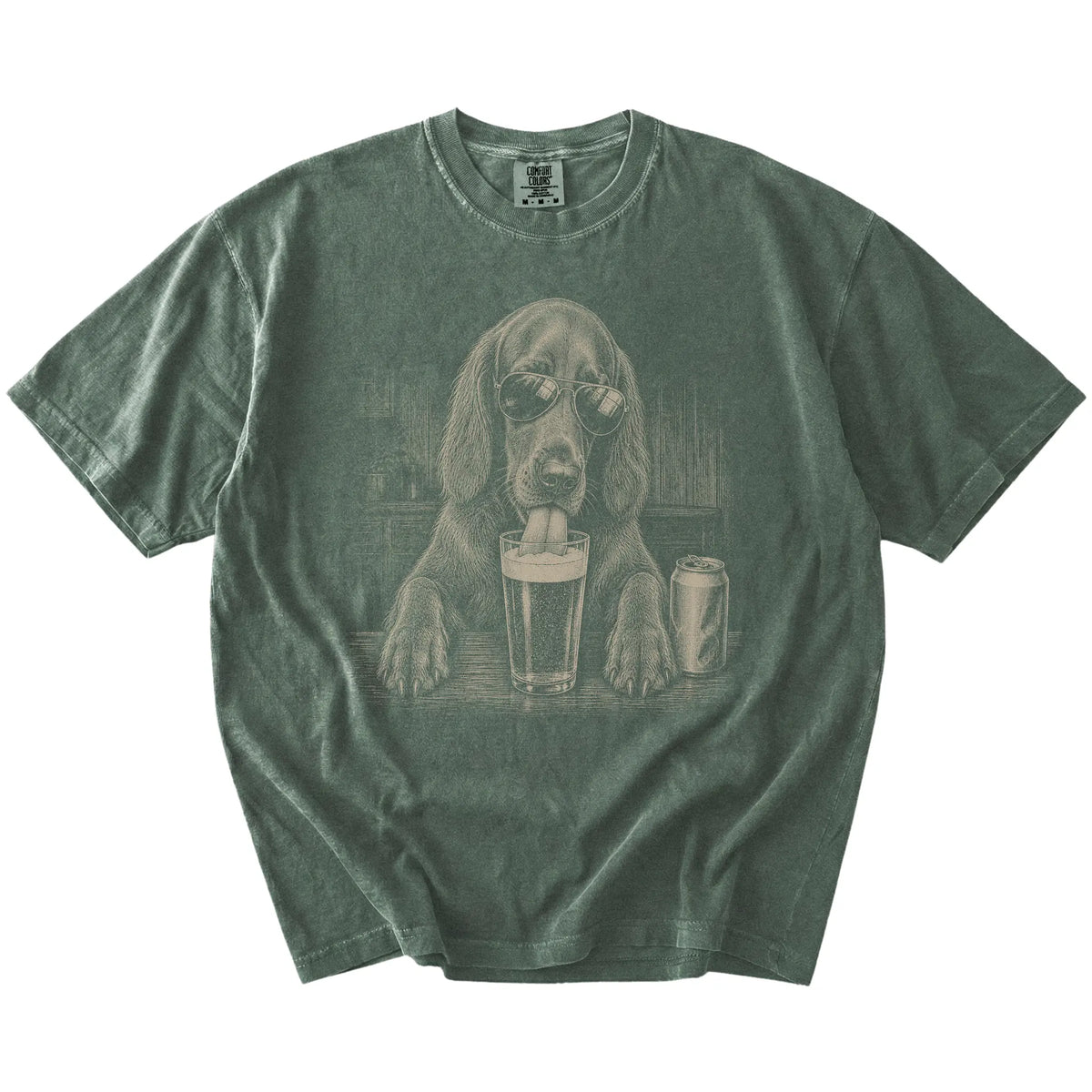 Irish Setter sneaking a drink from a foamy pint at home on a Moss Comfort Colors® t-shirt