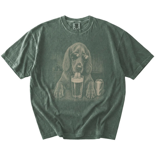 Irish Setter sneaking a drink from a foamy pint at home on a Moss Comfort Colors® t-shirt
