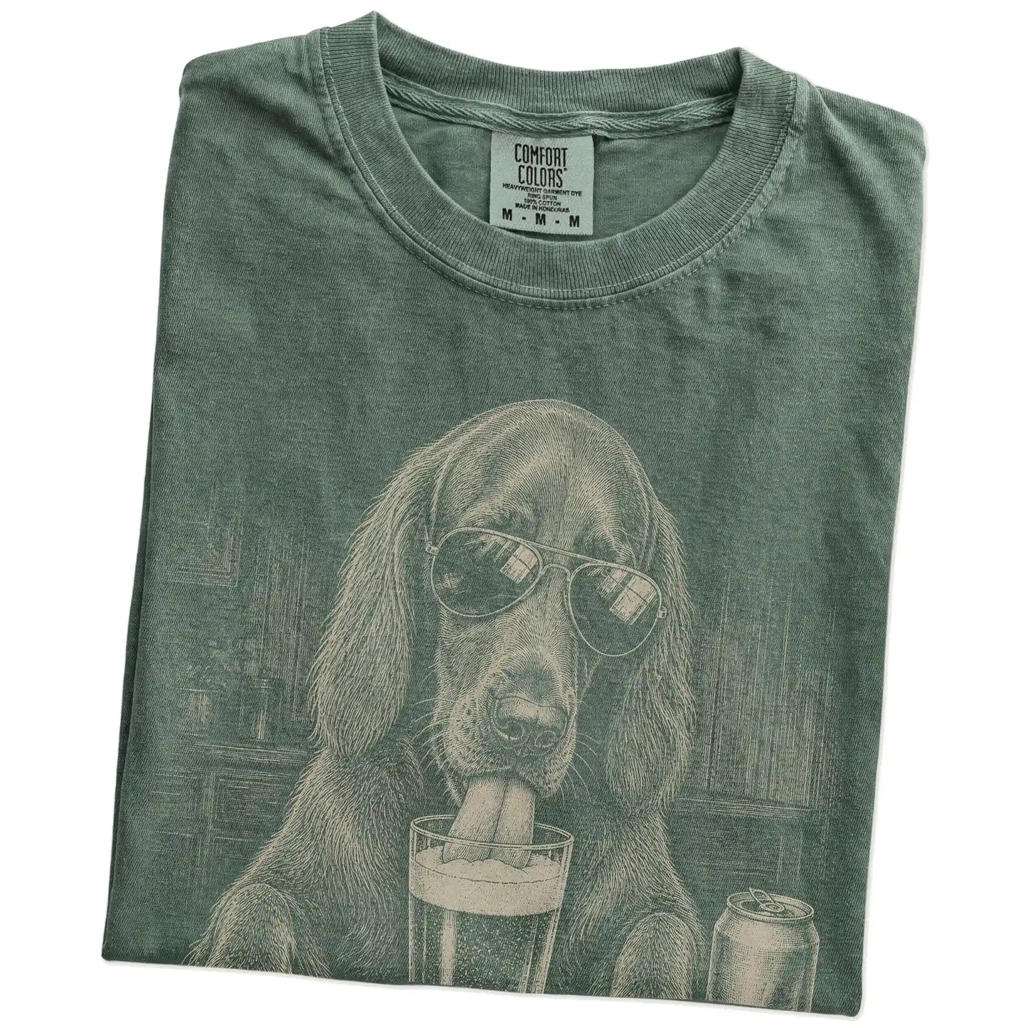 Folded Moss Comfort Colors® t-shirt showing Irish Setter sneaking a drink from a pint