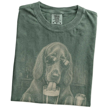 Folded Moss Comfort Colors® t-shirt showing Irish Setter sneaking a drink from a pint
