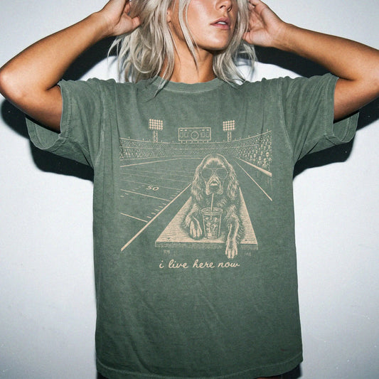 Model wearing a Moss Comfort Colors® T-shirt featuring Irish Setter ready for football and tailgate season