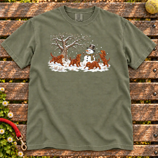 Irish Setter puppies playing in snow with a snowman on a Moss T-shirt
