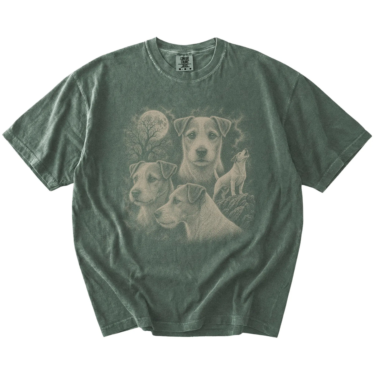 Vintage moon montage featuring Jack Russell on a Moss Comfort Colors® T-shirt