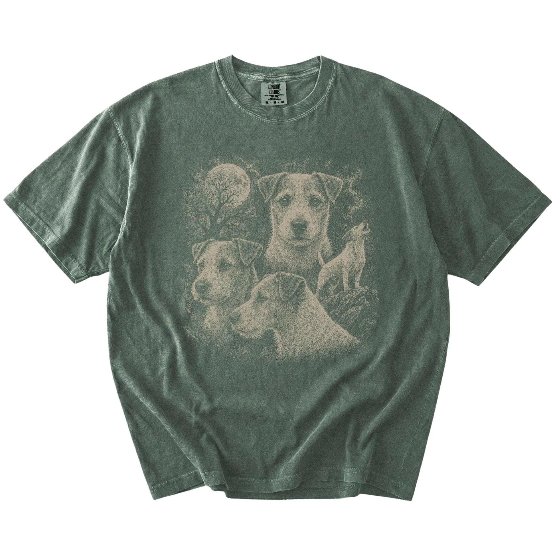 Vintage moon montage featuring Jack Russell on a Moss Comfort Colors® T-shirt