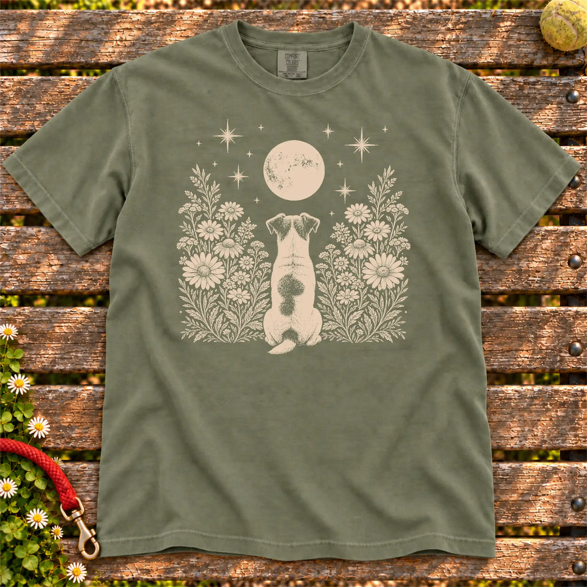 Jack Russell Moon Garden on a Moss T-shirt, shown flat