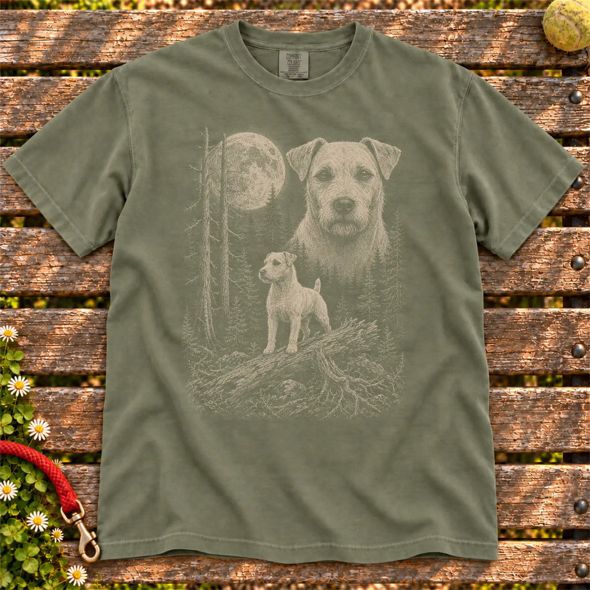 Jack Russell Moonlit Forest design on a Moss T-shirt shown flat