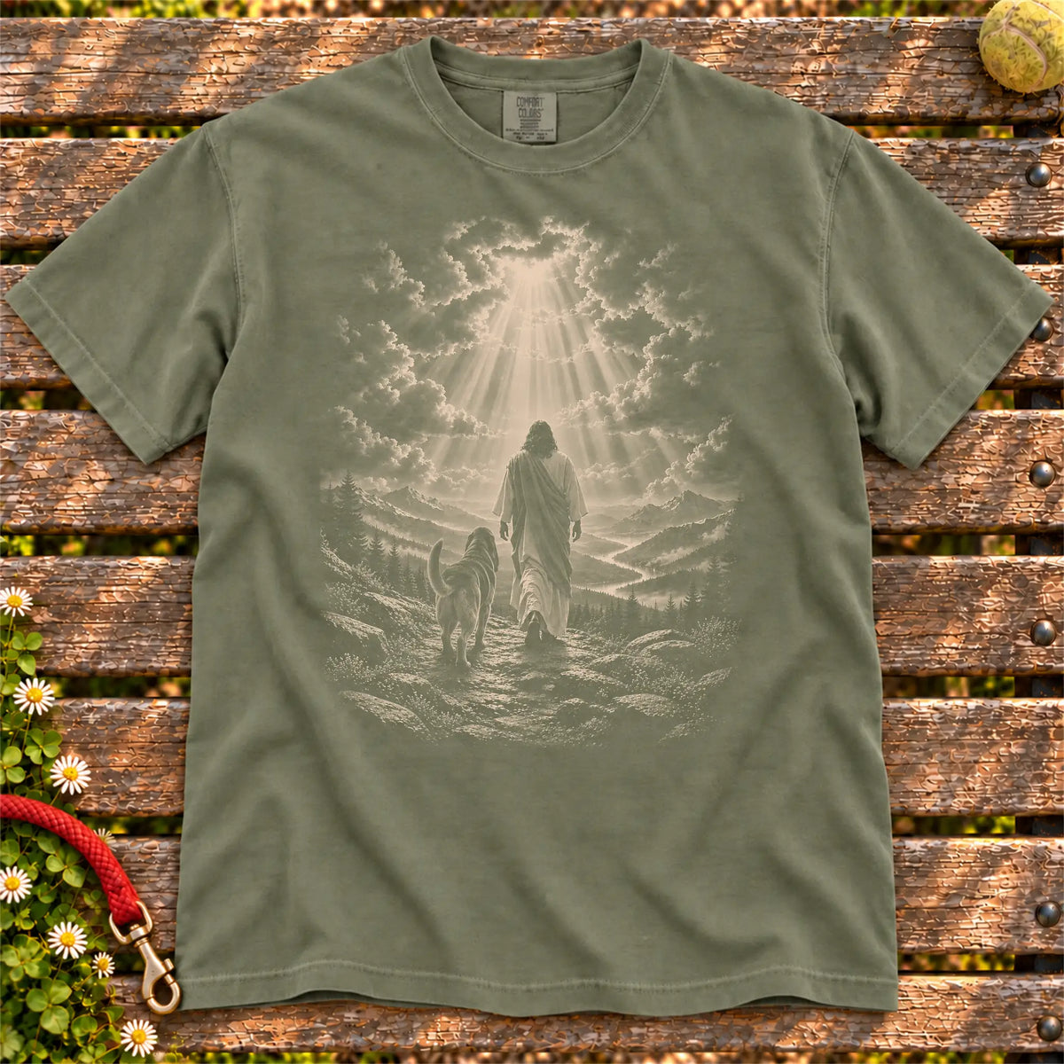 Moss T-shirt showing Jesus walking beside a Bloodhound beneath rays of light