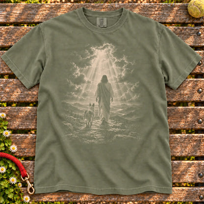 Moss T-shirt showing Jesus walking beside a Blue Heeler beneath rays of light