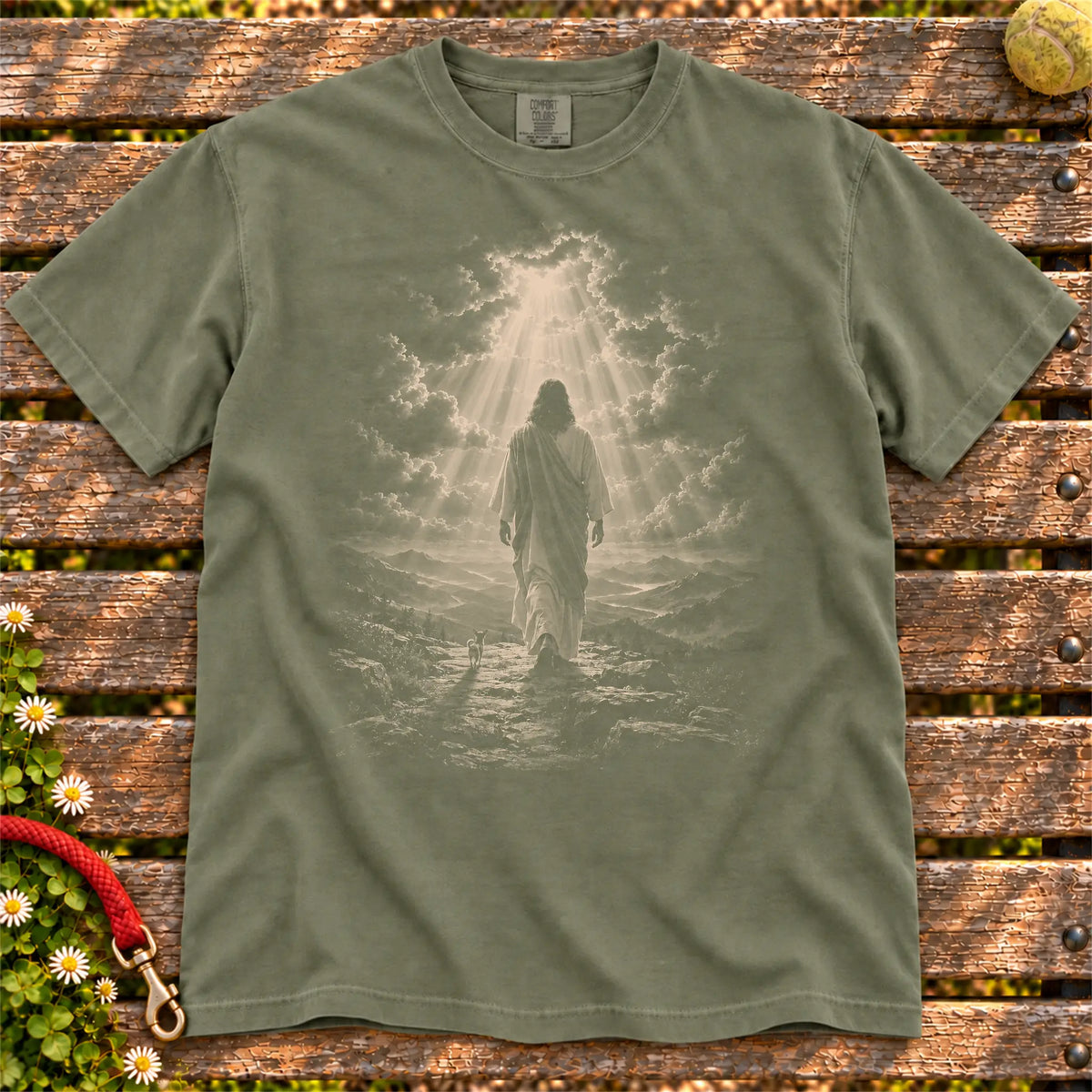 Moss T-shirt showing Jesus walking beside a Chihuahua beneath rays of light