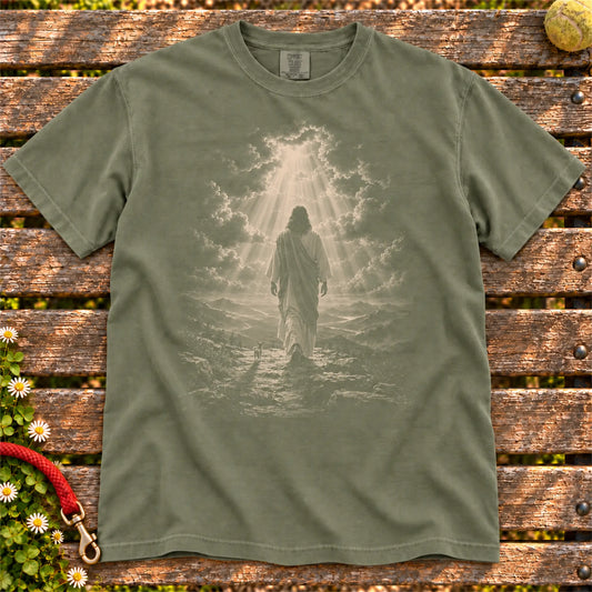 Moss T-shirt showing Jesus walking beside a Chihuahua beneath rays of light