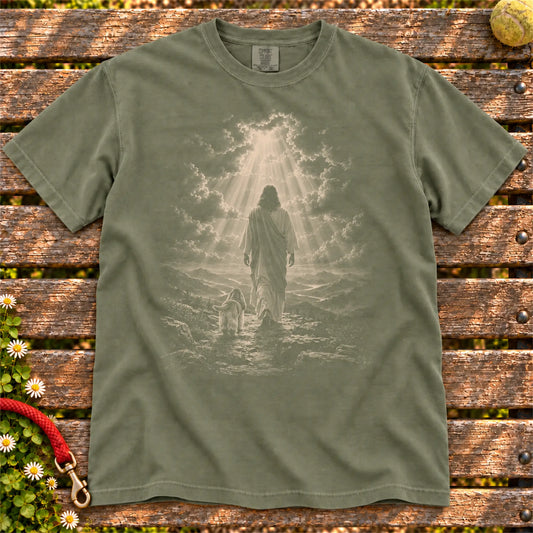 Moss T-shirt showing Jesus walking beside a Cocker Spaniel beneath rays of light
