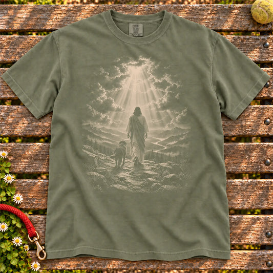 Moss T-shirt showing Jesus walking beside a Labrador beneath rays of light