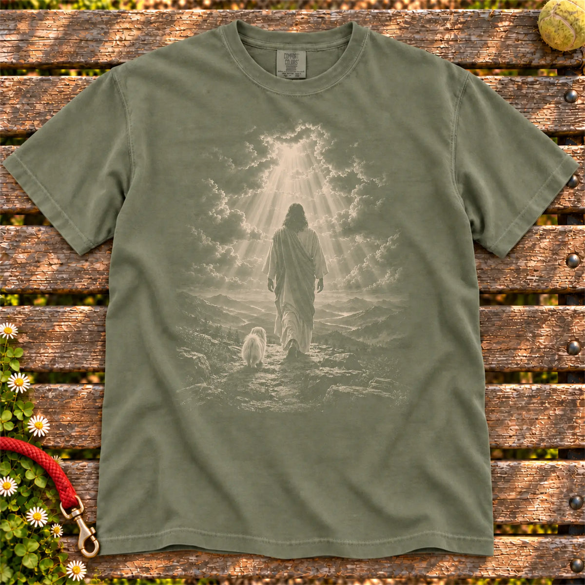 Moss T-shirt showing Jesus walking beside a Maltese beneath rays of light