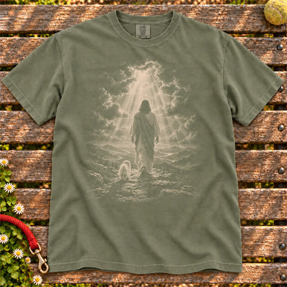 Moss T-shirt showing Jesus walking beside a Maltese beneath rays of light