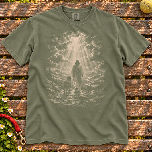 Moss T-shirt showing Jesus walking beside a Rottweiler beneath rays of light