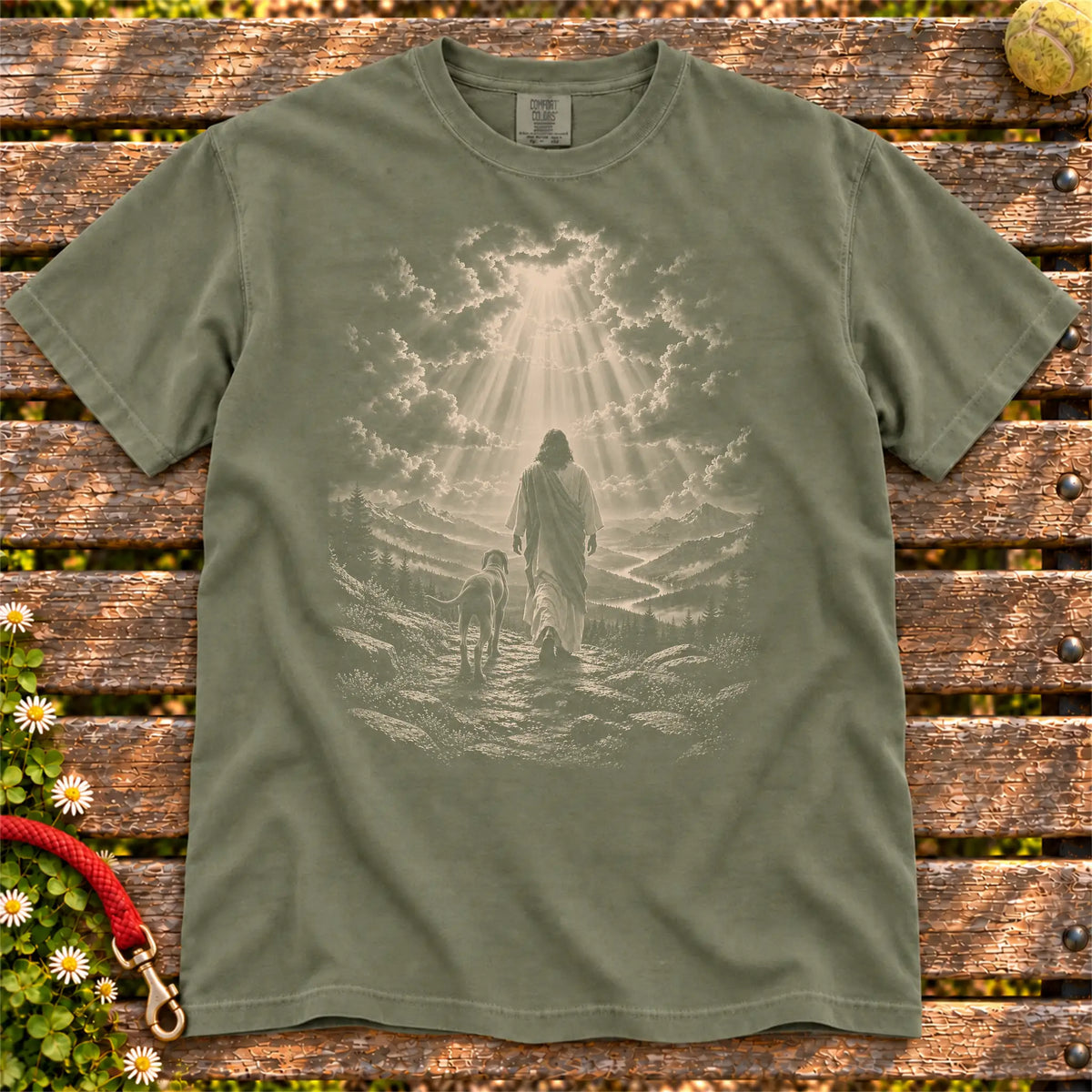 Moss T-shirt showing Jesus walking beside a Weimaraner beneath rays of light