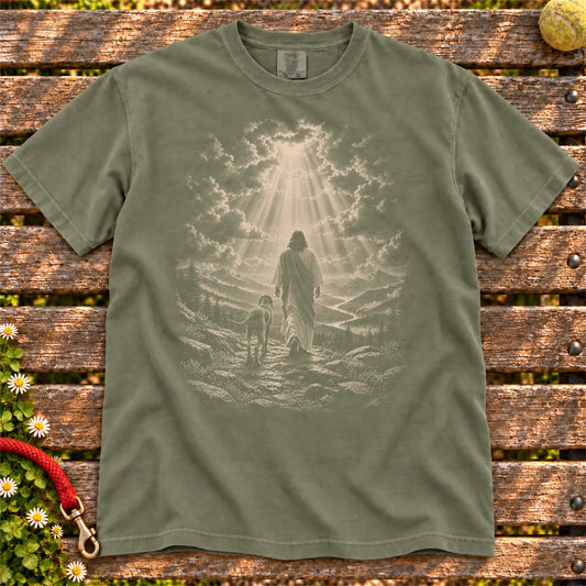Moss T-shirt showing Jesus walking beside a Weimaraner beneath rays of light