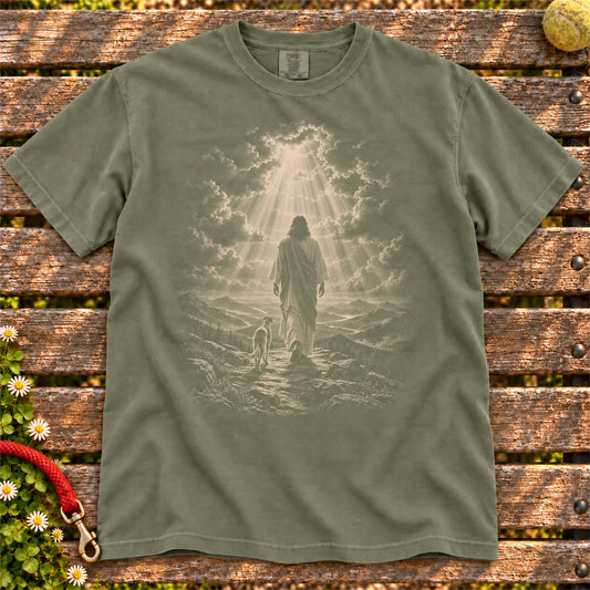 Moss T-shirt showing Jesus walking beside a Whippet beneath rays of light