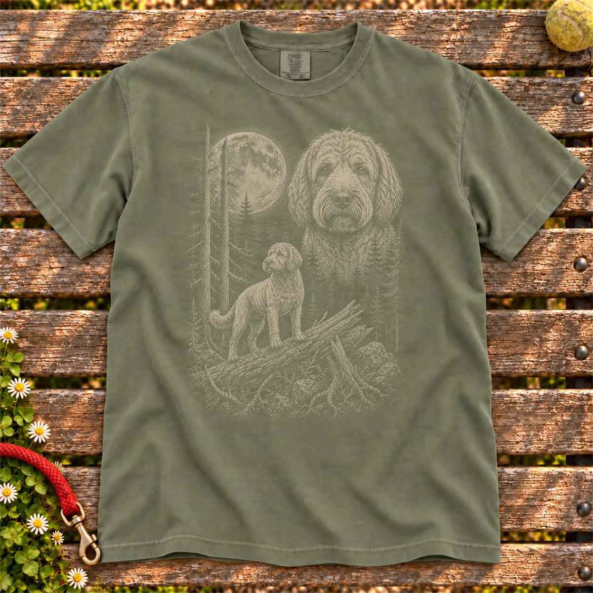 Labradoodle Moonlit Forest design on a Moss T-shirt shown flat