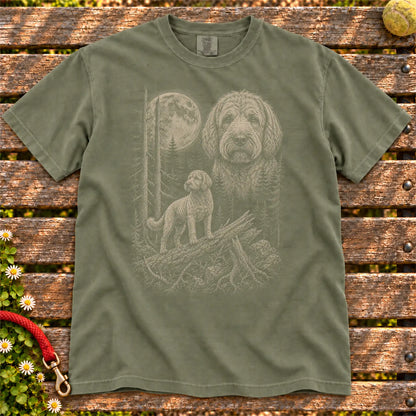Labradoodle Moonlit Forest design on a Moss T-shirt shown flat