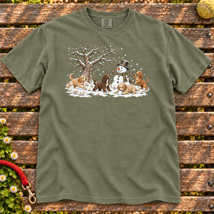 Labradoodle puppies playing in snow with a snowman on a Moss T-shirt
