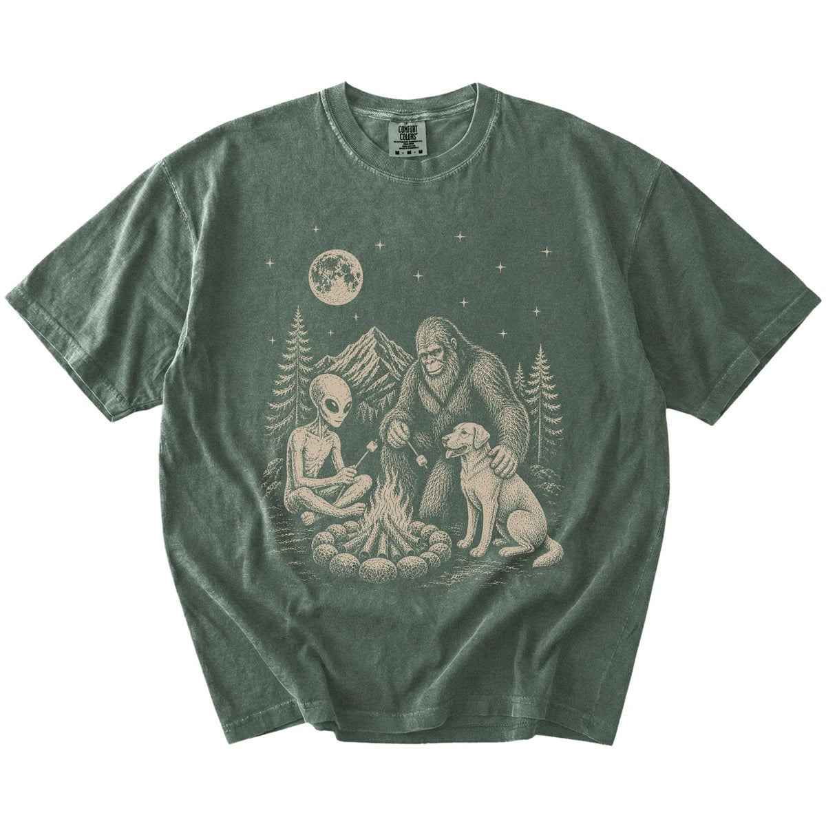 Labrador Retriever camping with Bigfoot and an alien on a Moss Comfort Colors® T-shirt