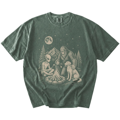 Labrador Retriever camping with Bigfoot and an alien on a Moss Comfort Colors® T-shirt