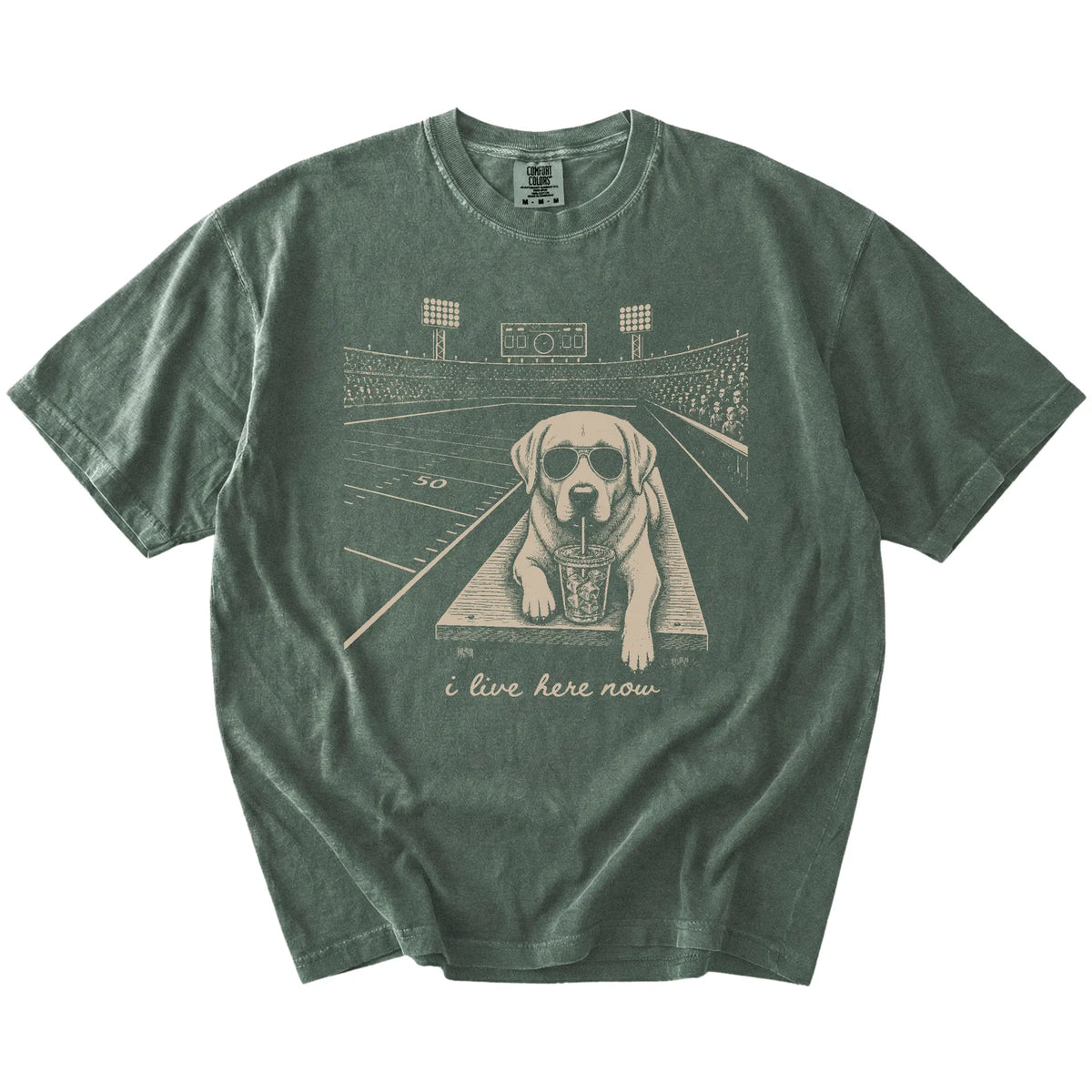 Labrador Retriever ready for football and tailgate season on a Moss Comfort Colors® T-shirt