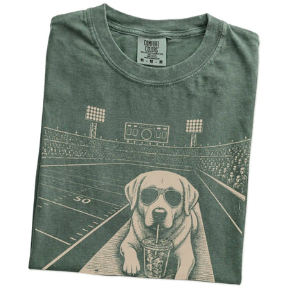 Folded Moss Comfort Colors® T-shirt showing Labrador Retriever ready for football and tailgate season