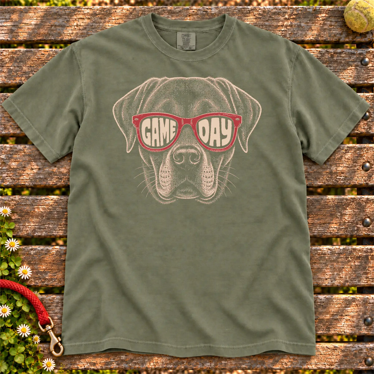 Labrador Retriever Game Day design on a Moss Comfort Colors T-shirt, shown flat