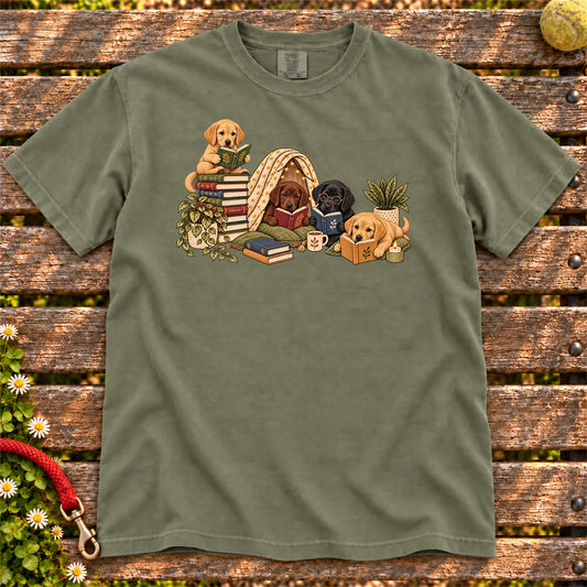 Labrador Retriever puppies reading books in a cozy blanket fort on a Moss T-shirt