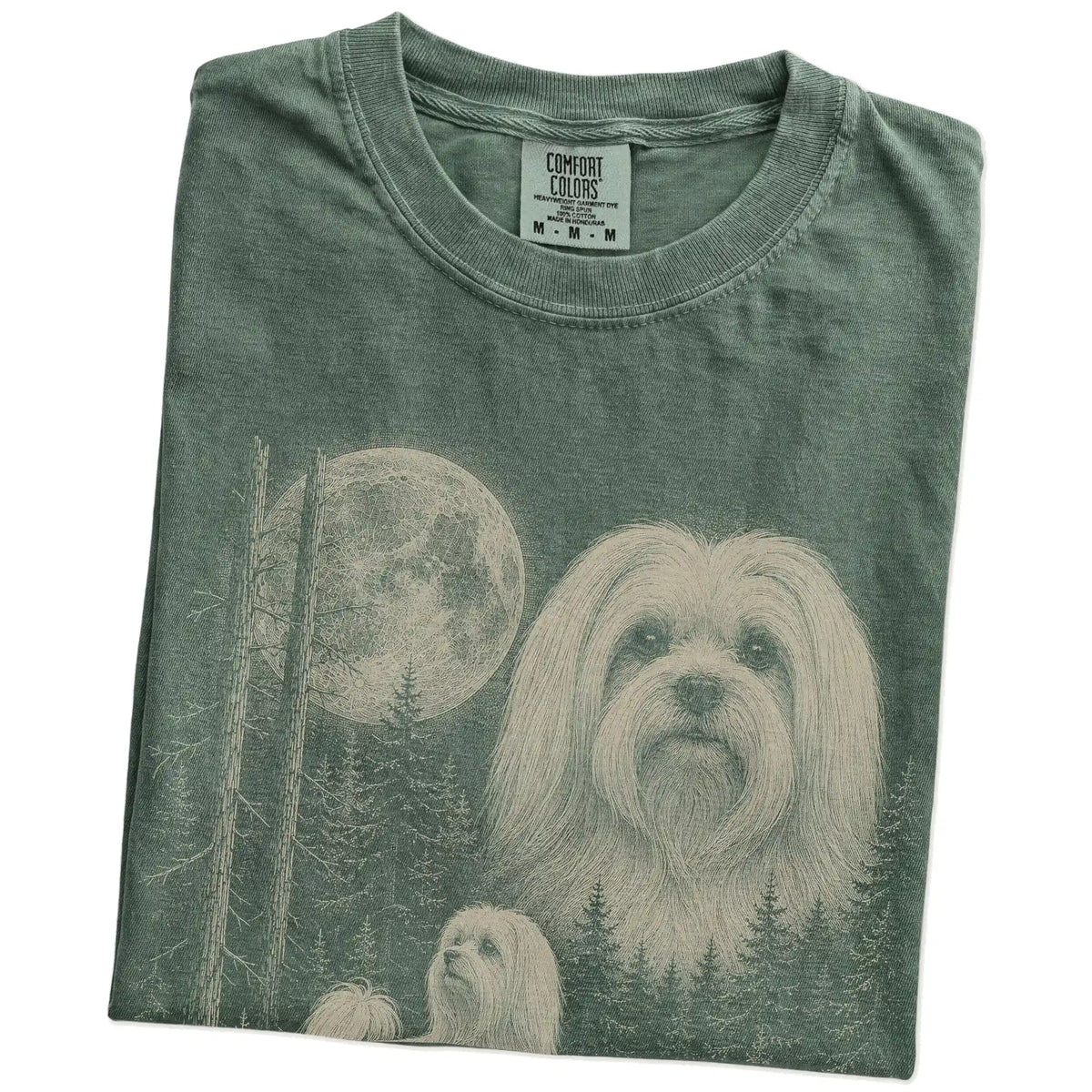 Folded Moss Maltese Moonlit Forest T-Shirt showing the graphic