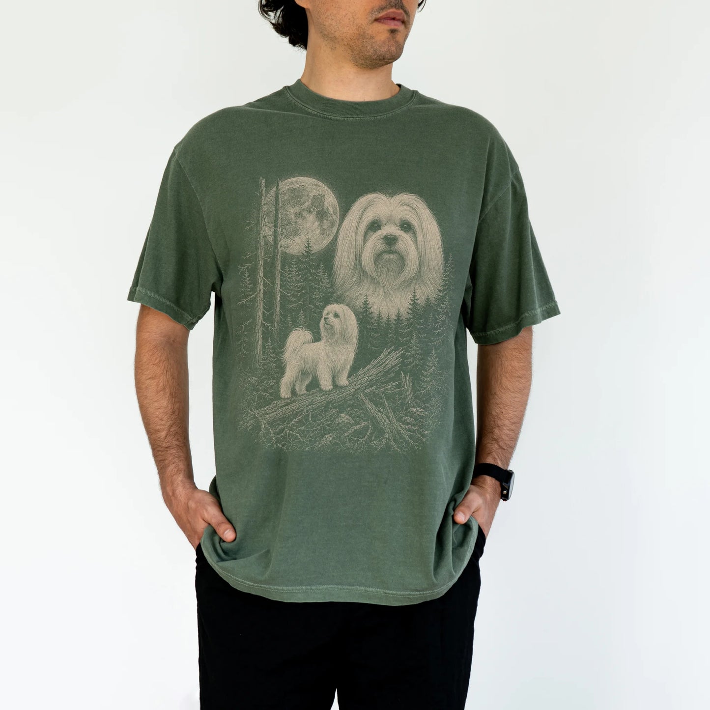Man wearing a Moss Maltese Moonlit Forest T-Shirt