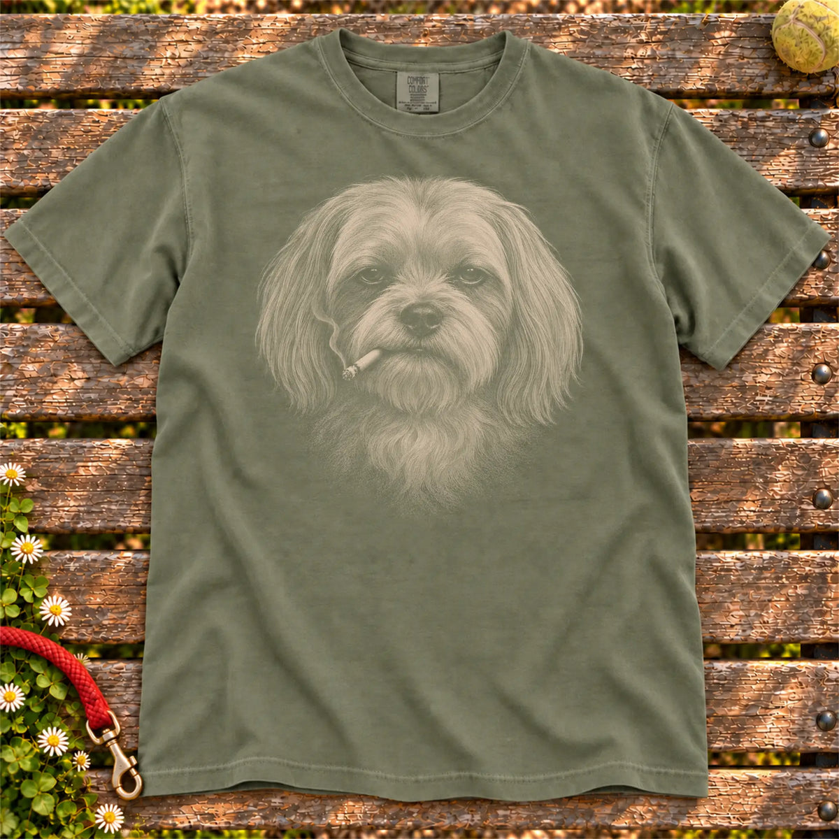 Maltese smoking design on a Moss t-shirt