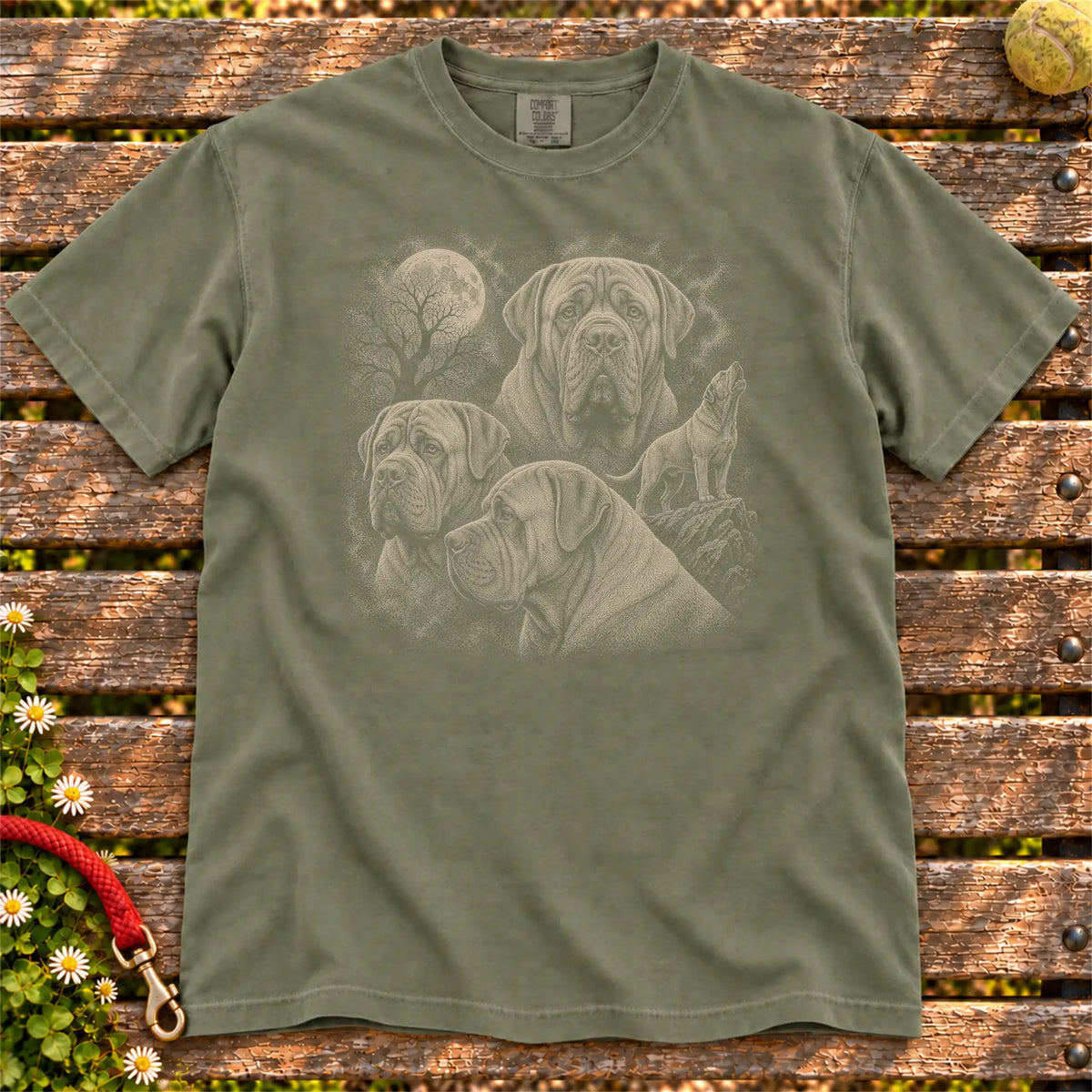 Mastiff 90s Moon design on a Moss T-shirt shown flat