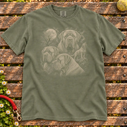 Mastiff 90s Moon design on a Moss T-shirt shown flat