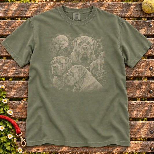 Mastiff 90s Moon design on a Moss T-shirt shown flat