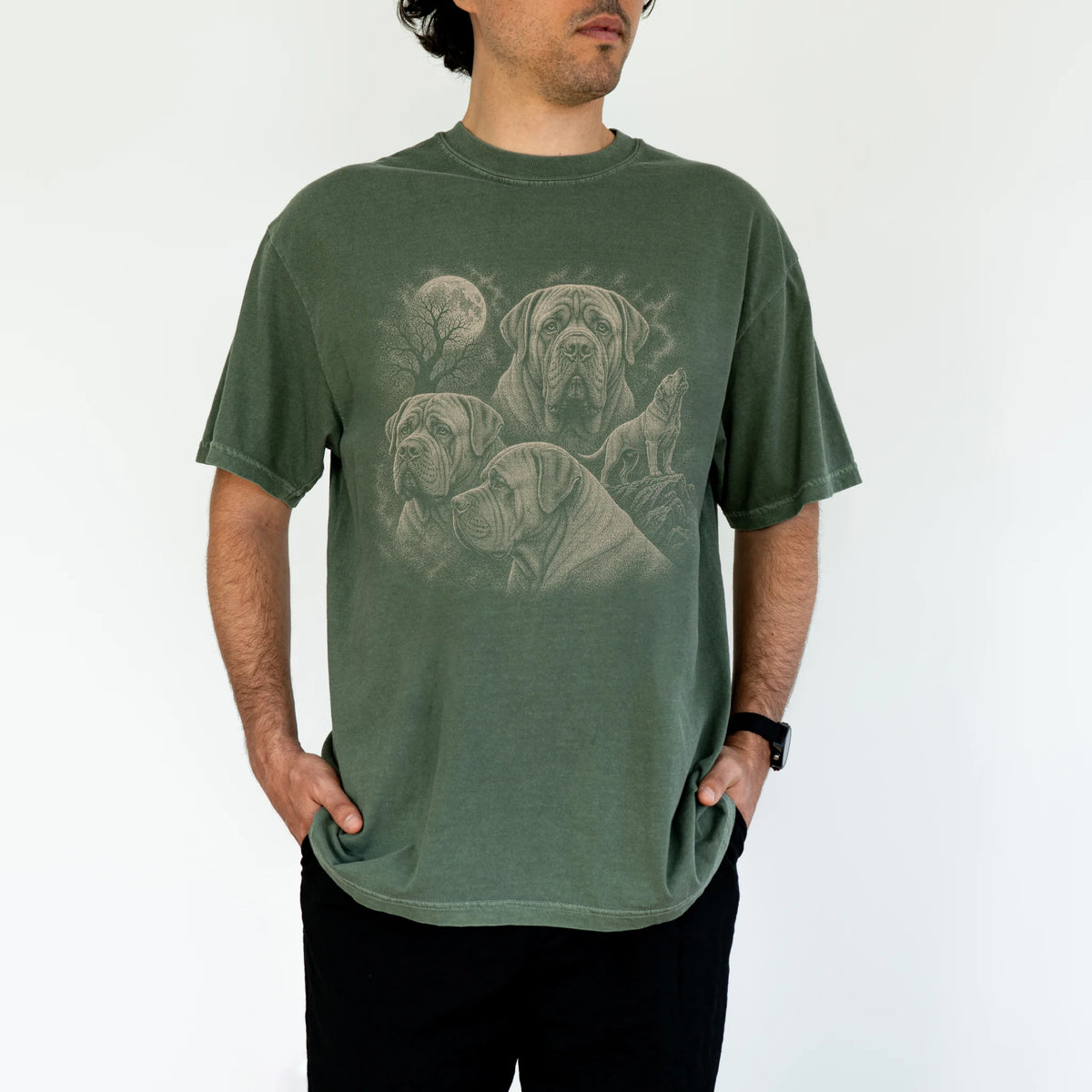 Model wearing a Moss Comfort Colors® T-shirt with a vintage moon montage featuring Mastiff