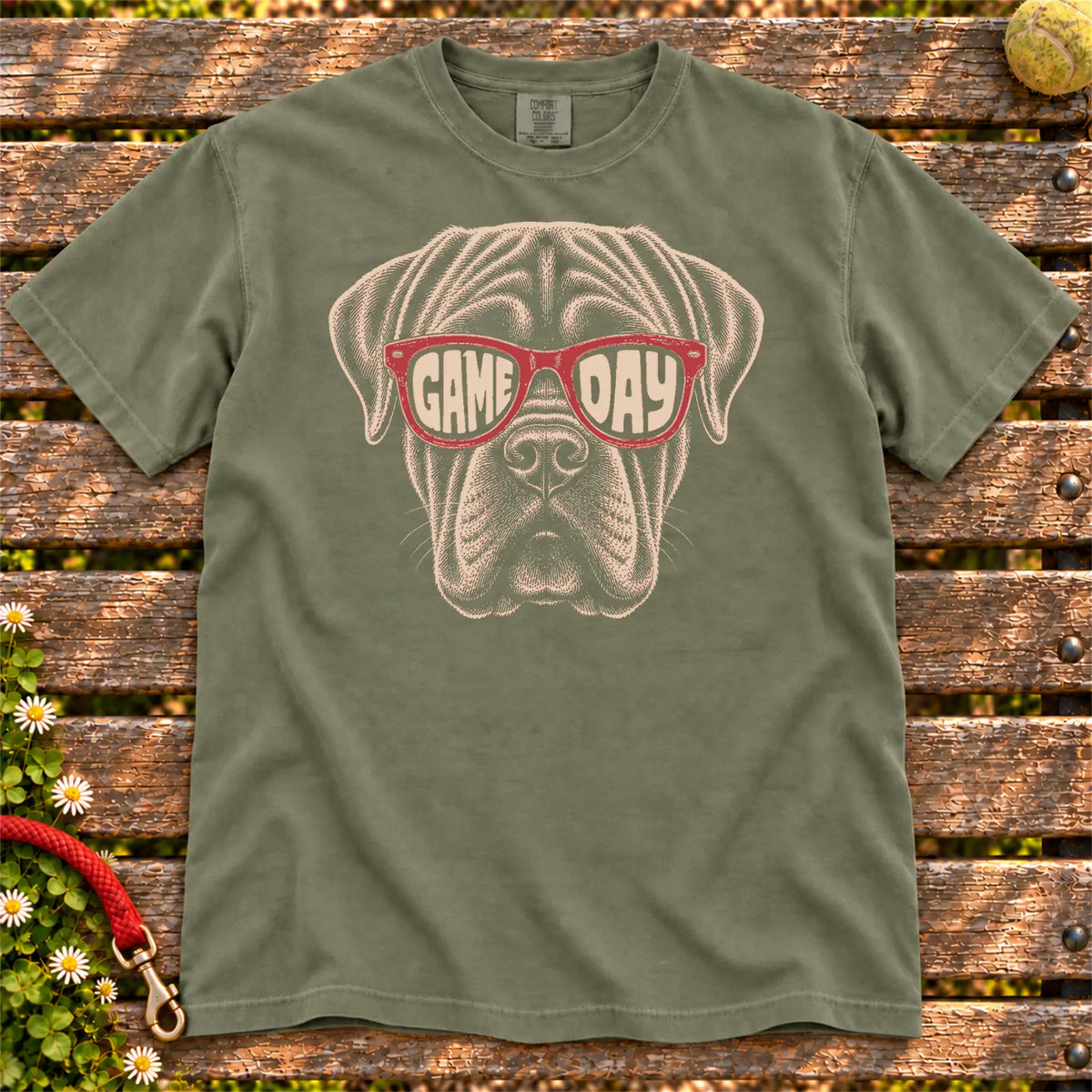 Mastiff Game Day design on a Moss Comfort Colors T-shirt, shown flat