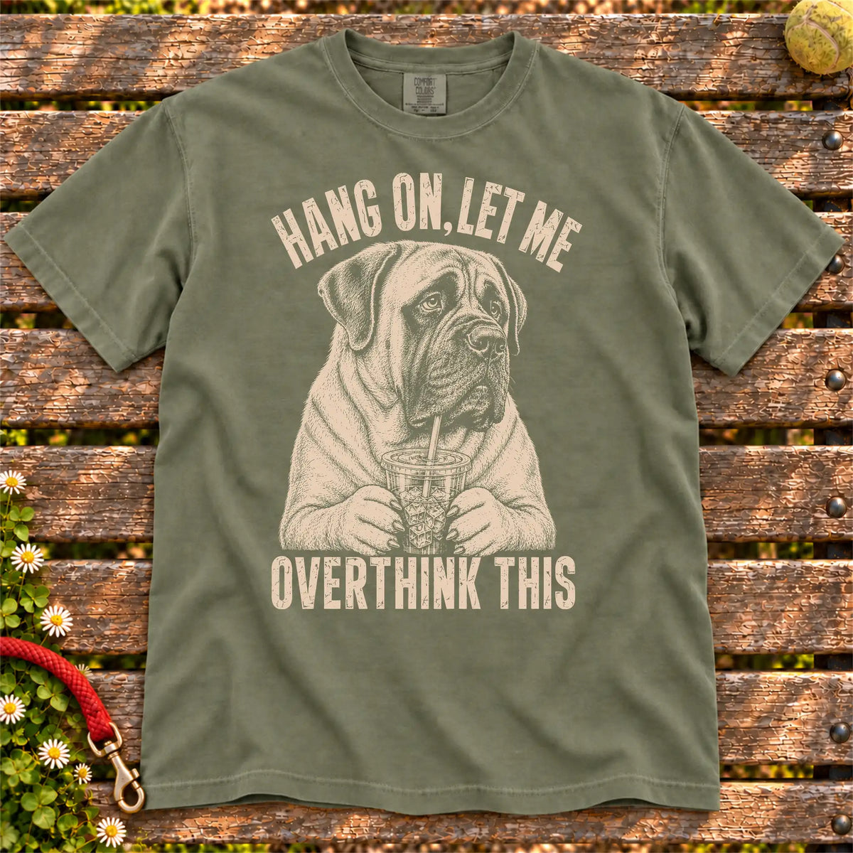 Overthinking Mastiff design on a Moss Comfort Colors T-shirt, shown flat