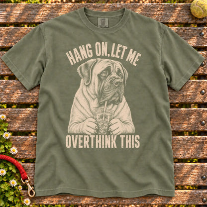 Overthinking Mastiff design on a Moss Comfort Colors T-shirt, shown flat