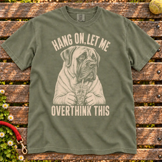 Overthinking Mastiff design on a Moss Comfort Colors T-shirt, shown flat