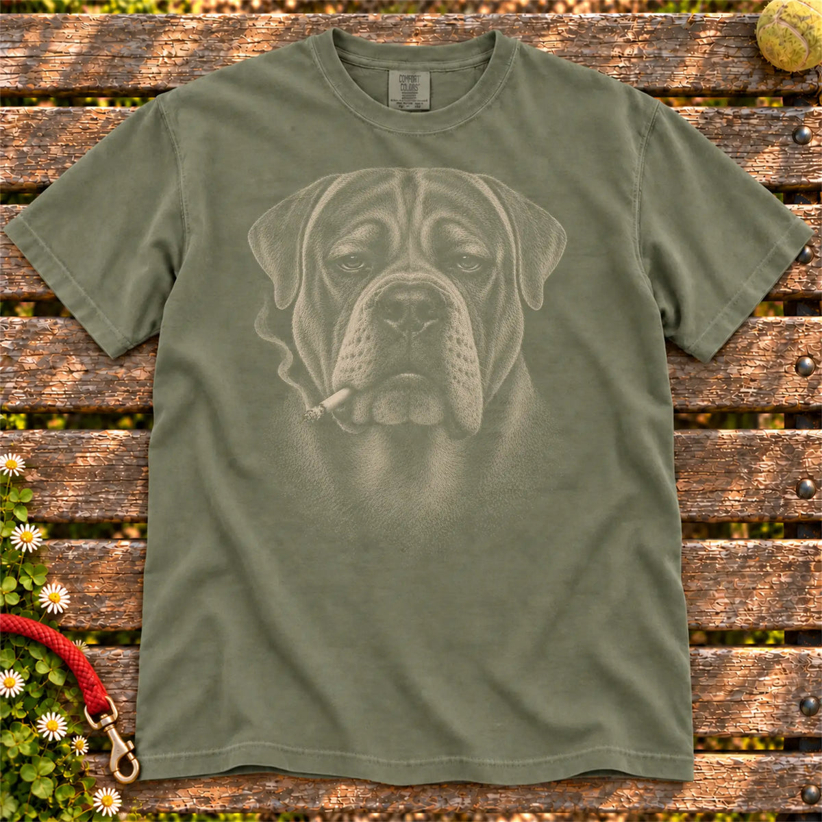 Mastiff smoking design on a Moss t-shirt