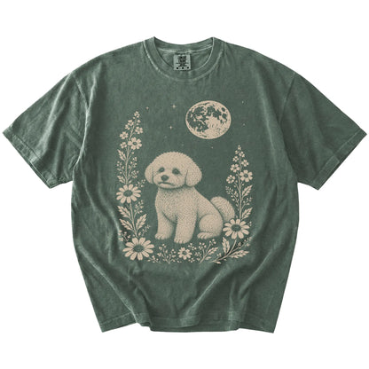 Bichon Frise framed by flowers beneath the moon on a Moss Comfort Colors® T-shirt