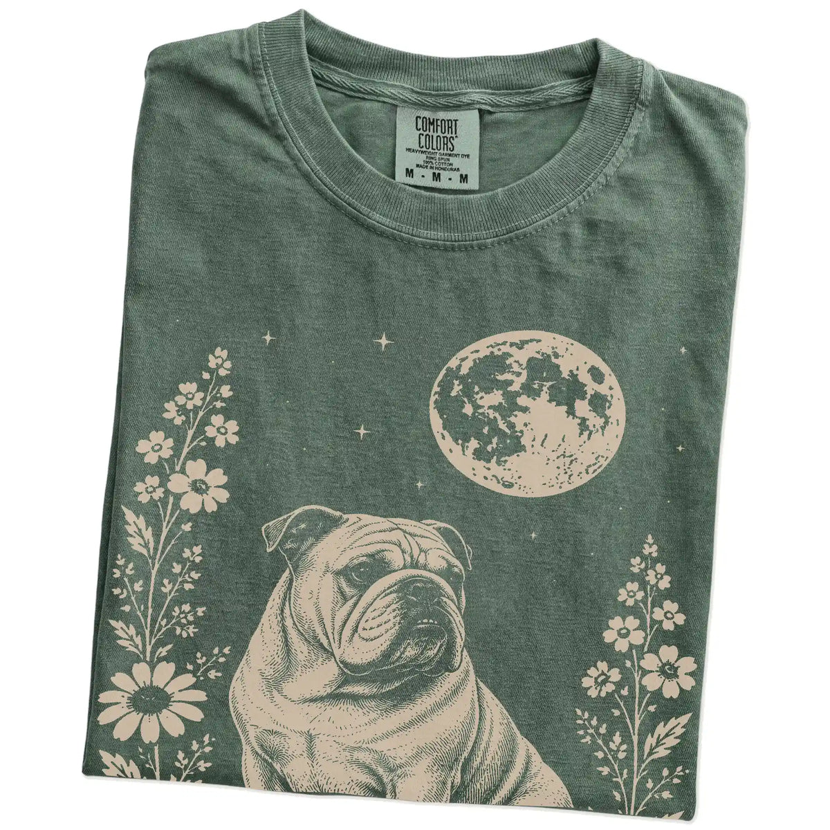 Folded Moss Comfort Colors® T-shirt showing Bulldog framed by flowers beneath the moon