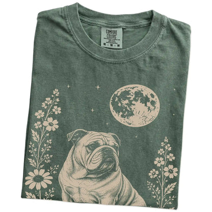 Folded Moss Comfort Colors® T-shirt showing Bulldog framed by flowers beneath the moon
