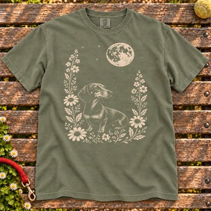 Moon Flowers Dachshund design on a Moss Comfort Colors T-shirt, shown flat