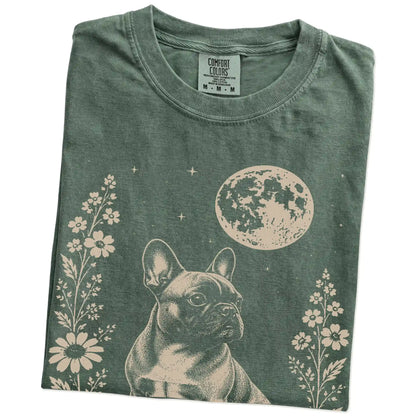 Folded Moss Comfort Colors® T-shirt showing French Bulldog framed by flowers beneath the moon
