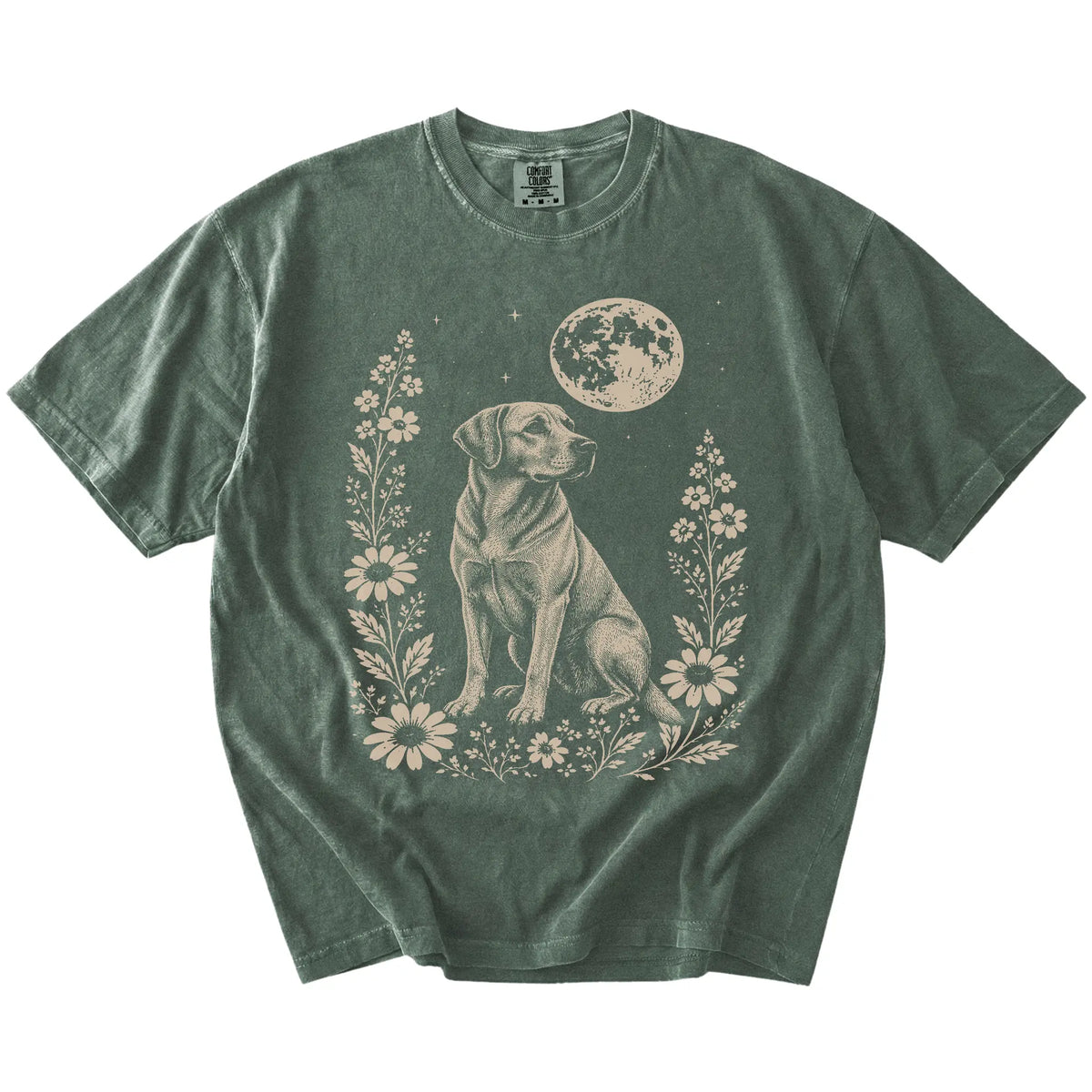 Labrador Retriever framed by flowers beneath the moon on a Moss Comfort Colors® T-shirt