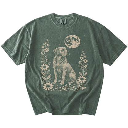 Labrador Retriever framed by flowers beneath the moon on a Moss Comfort Colors® T-shirt